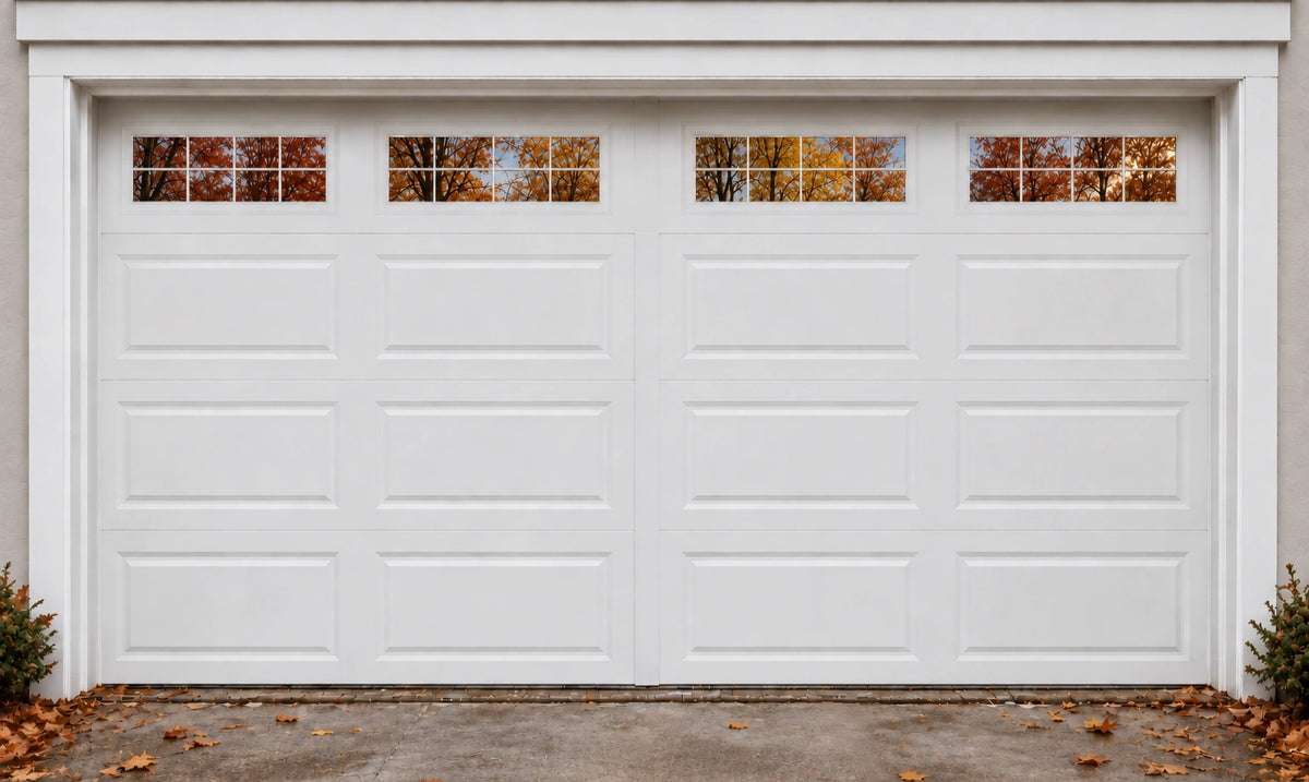 White double garage door before installing a Halloween cover, with autumn leaves on the driveway.