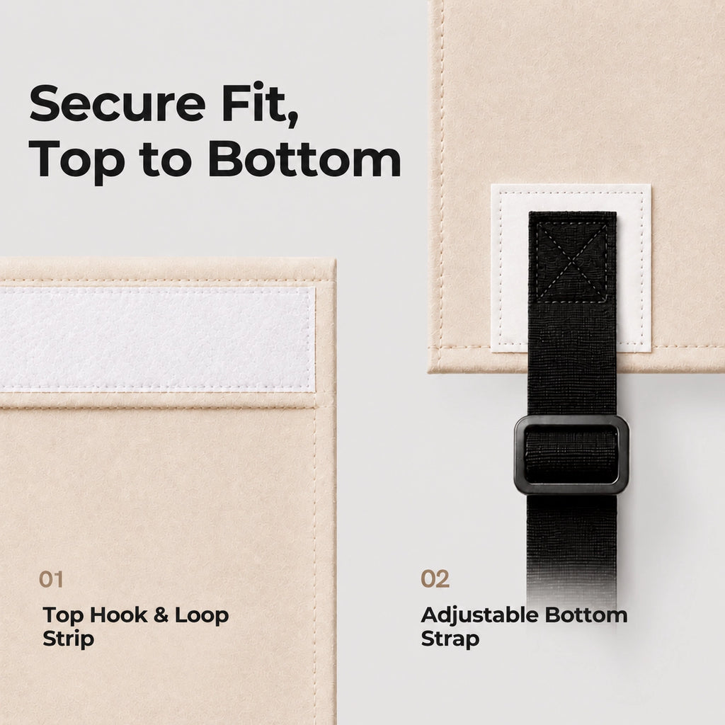 Garage door cover fastening details: top hook-and-loop strip and adjustable bottom strap