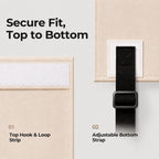 Garage door cover fastening details: top hook-and-loop strip and adjustable bottom strap