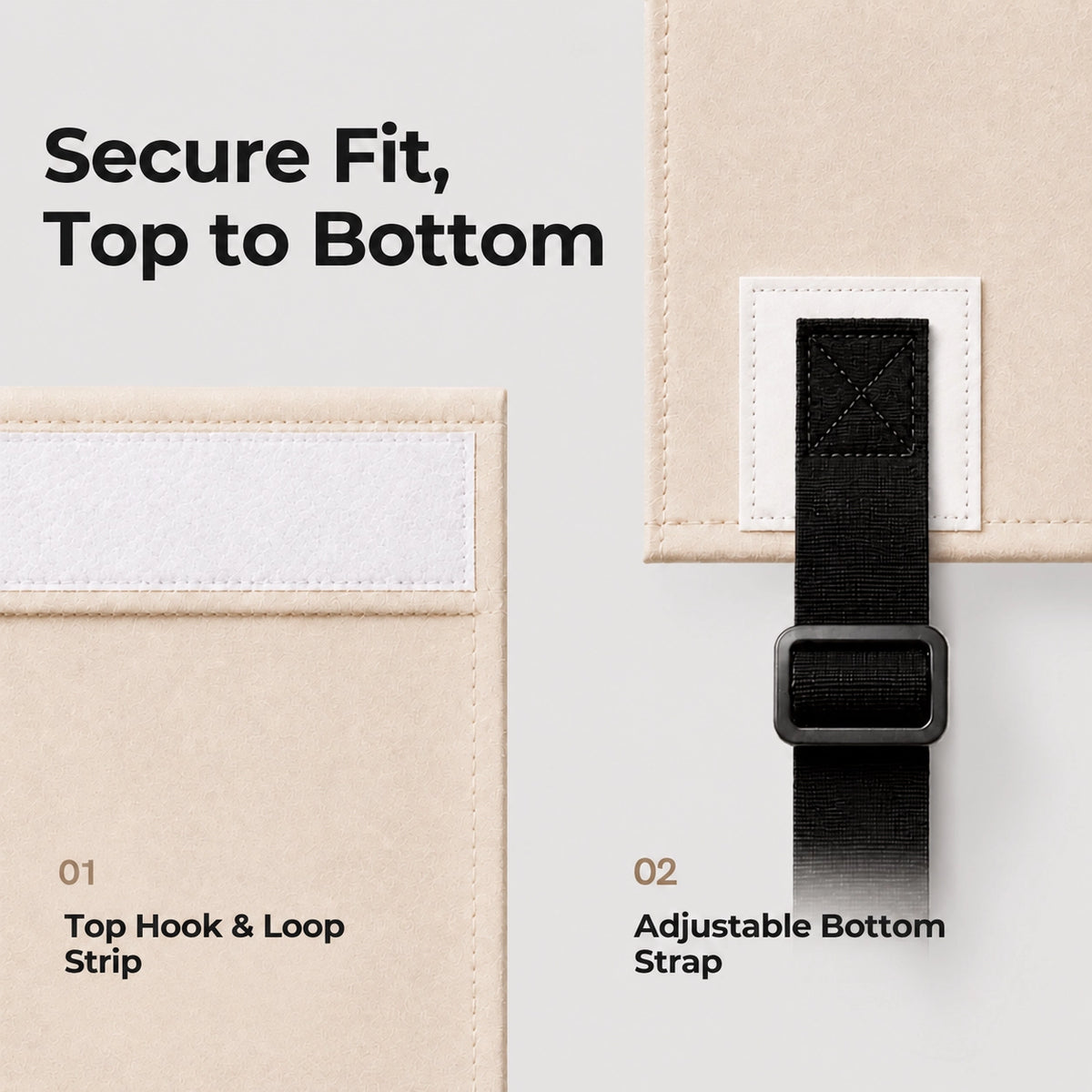 Garage door cover fastening details: top hook-and-loop strip and adjustable bottom strap
