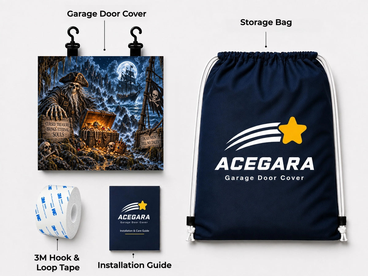 What's included with the Haunted Pirate Treasure Halloween garage door cover