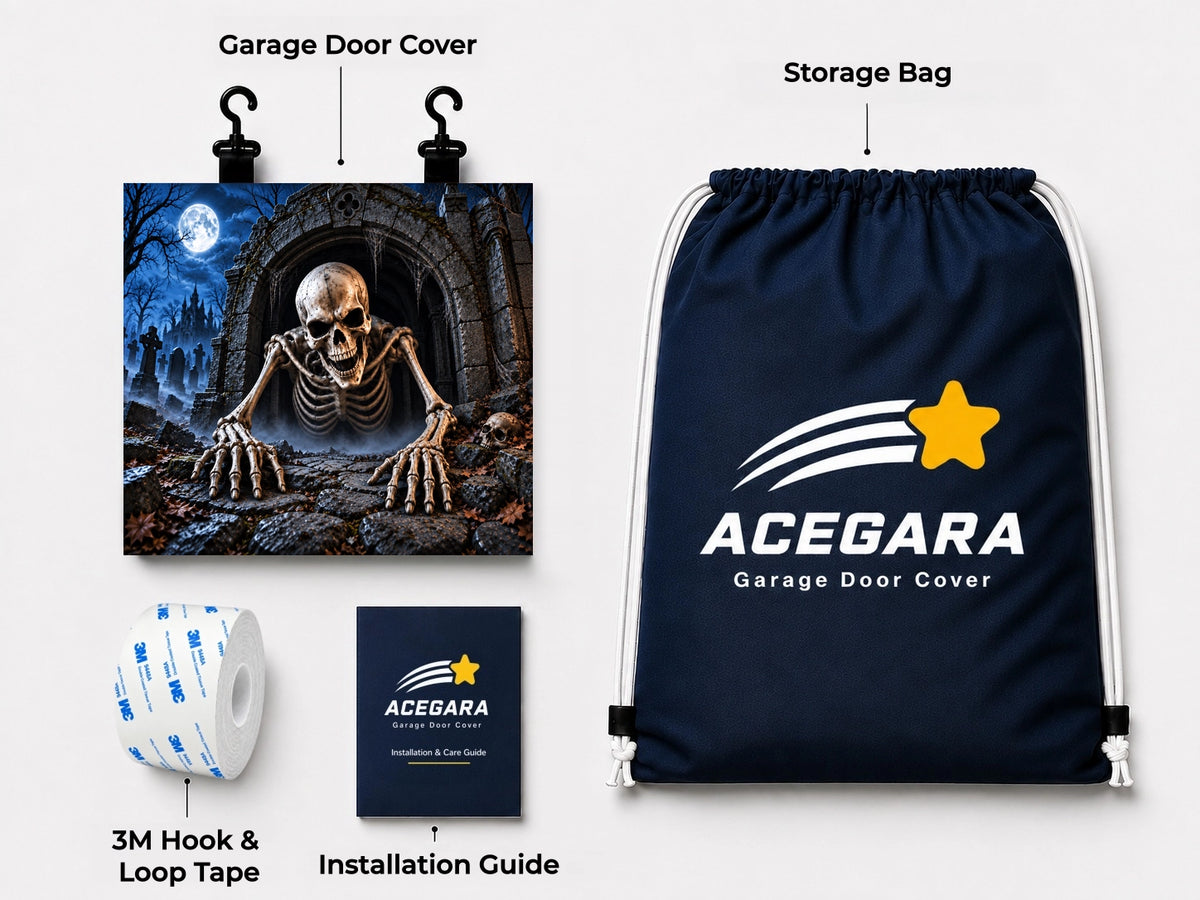 What's included with the Skeleton Awakening Halloween garage door cover