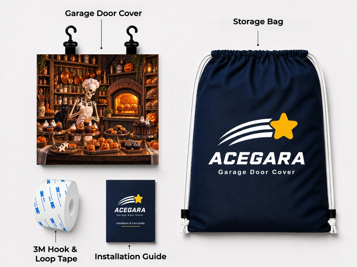 What's included with the Skeleton Bakery Halloween garage door cover