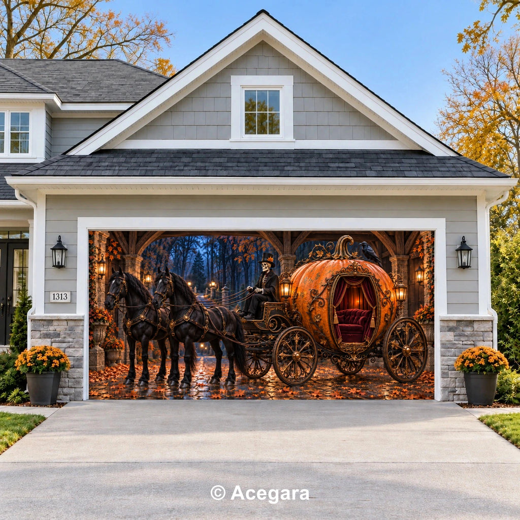 Skeleton’s Pumpkin Carriage Halloween garage door cover – double garage door