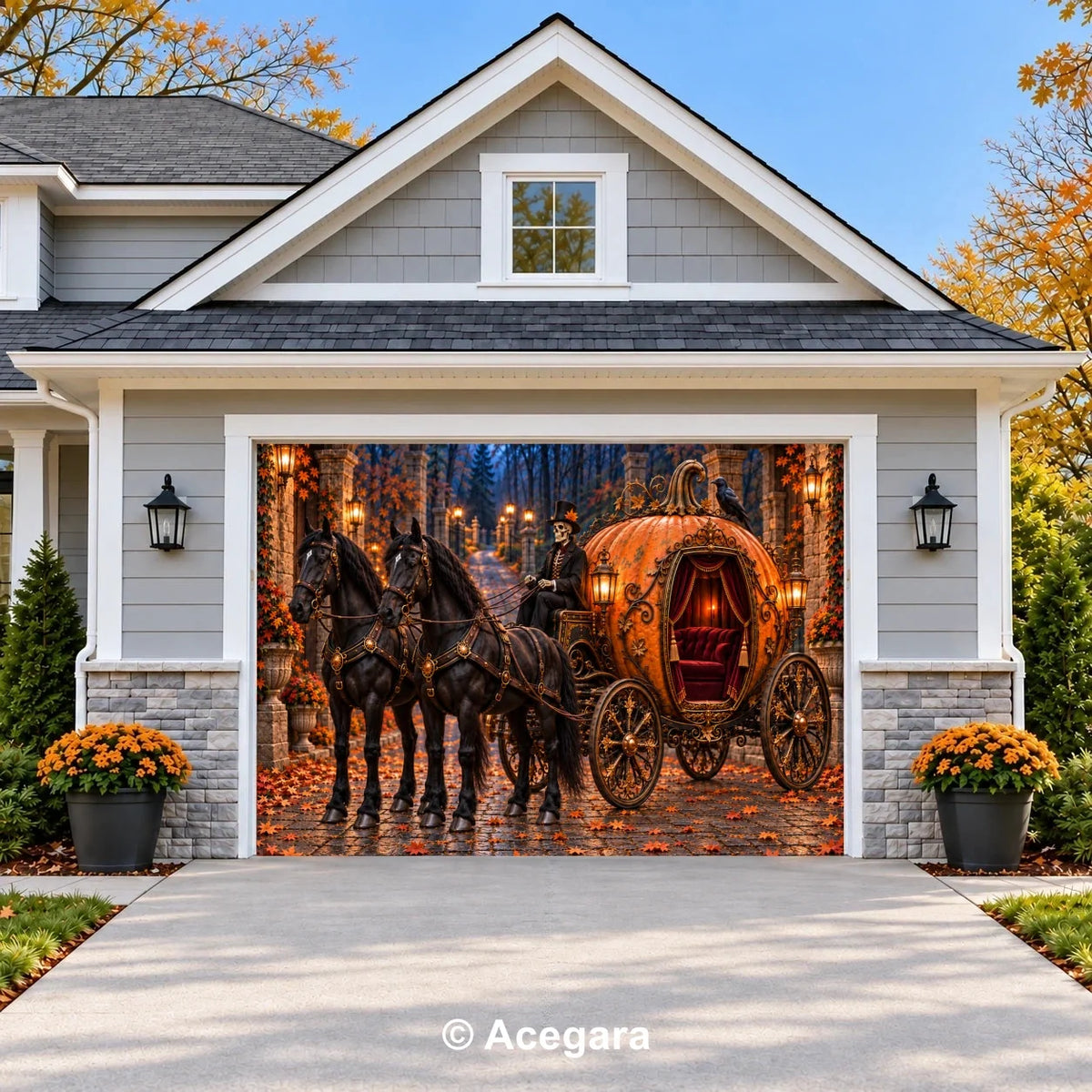 Skeleton’s Pumpkin Carriage Halloween garage door cover – single garage door