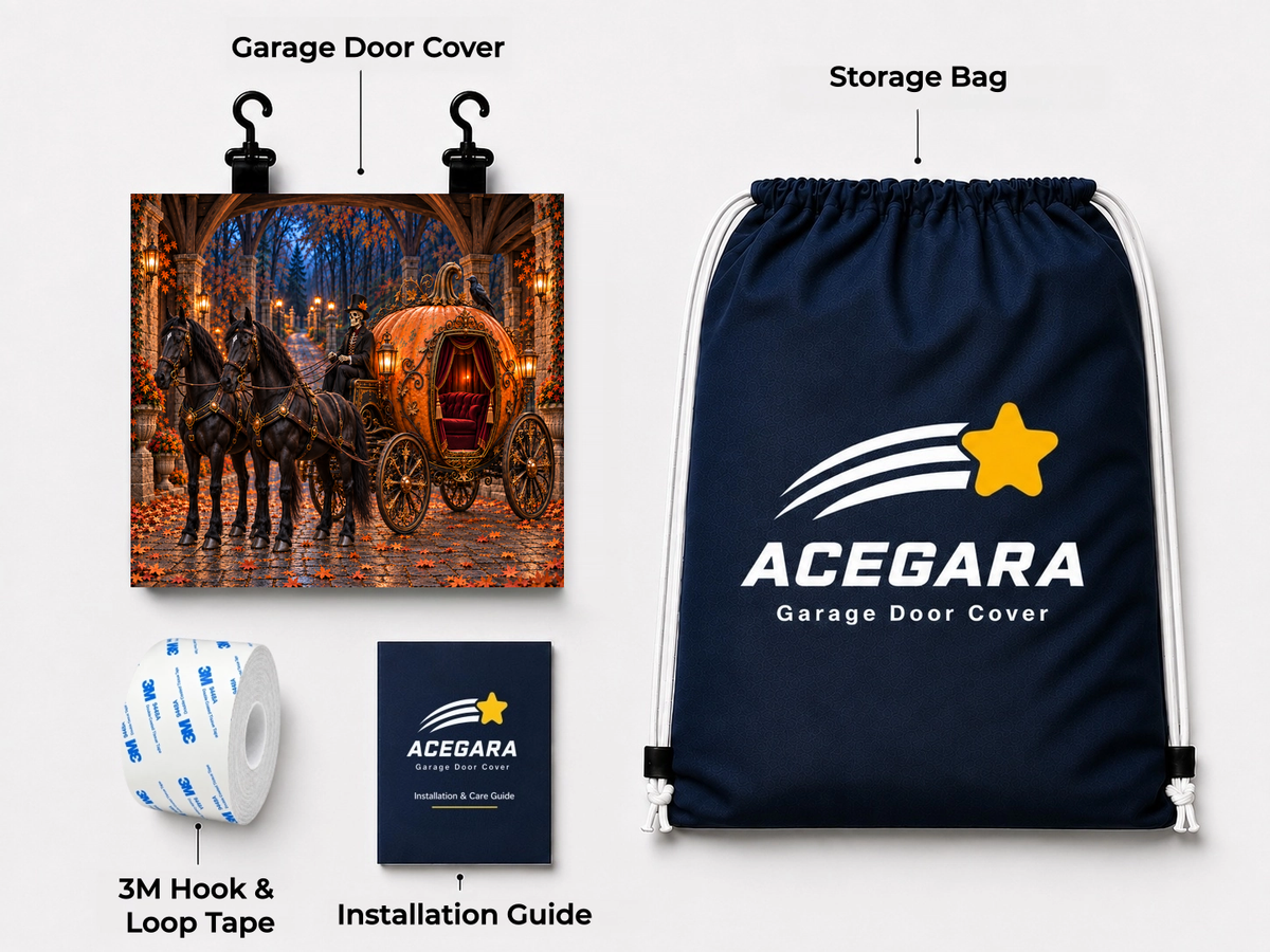 Skeleton’s Pumpkin Carriage garage door cover installation kit
