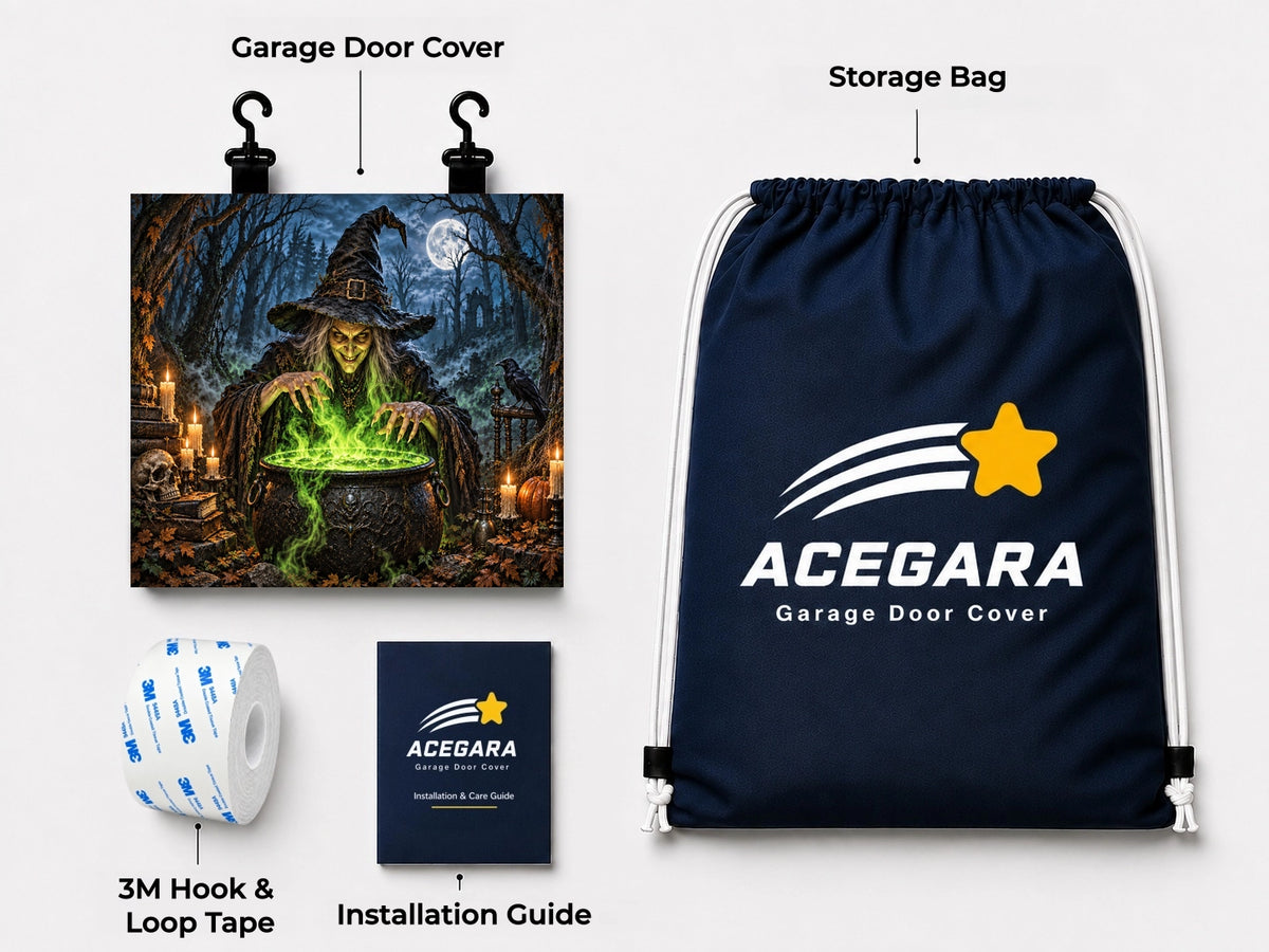What's included with the Witch’s Brew Halloween garage door cover
