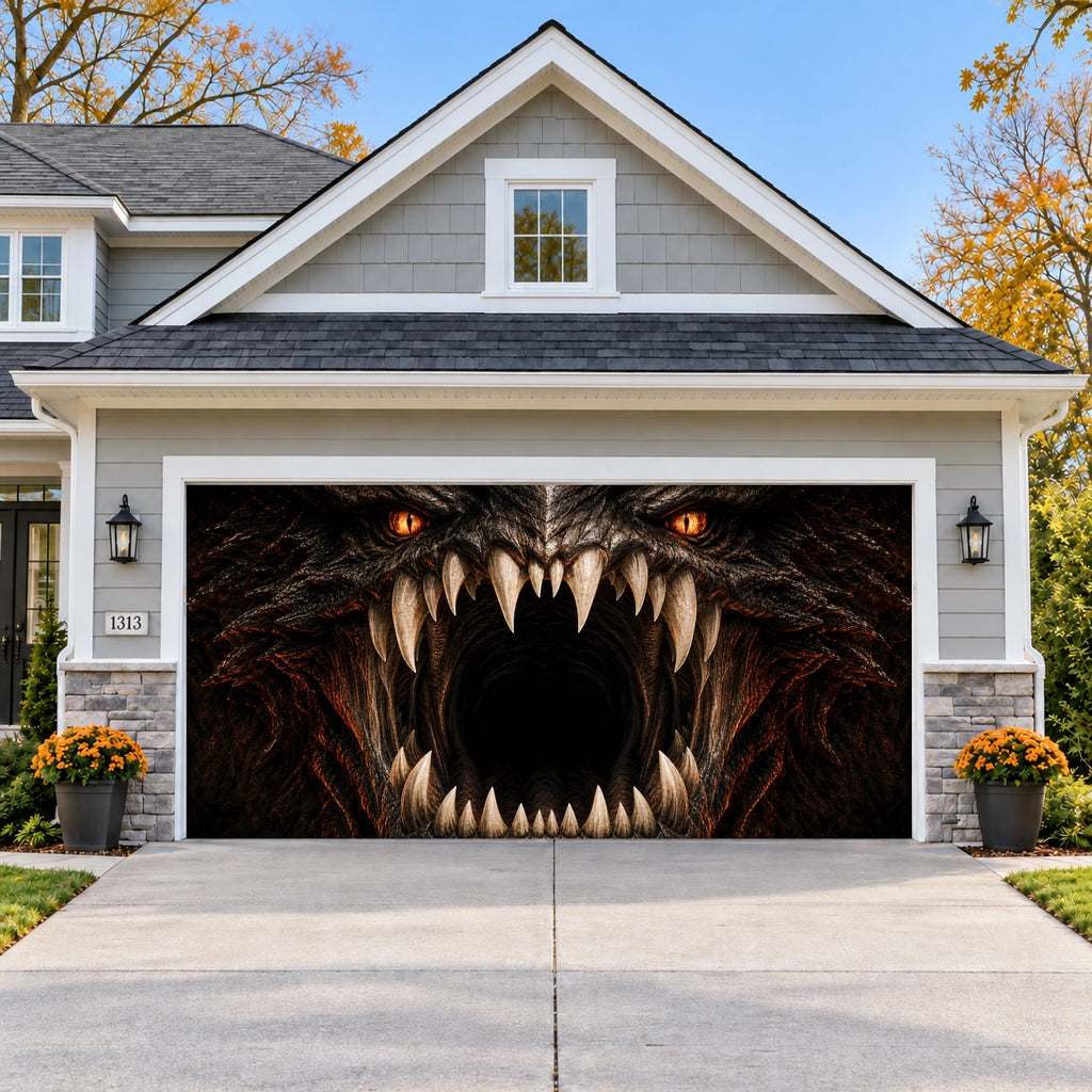 Dragons Maw Halloween garage door cover - double wide
