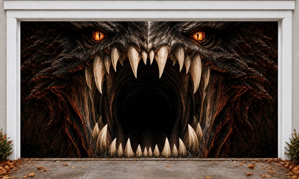 Dragons-Maw | Halloween Garage Door Cover installed on a garage door