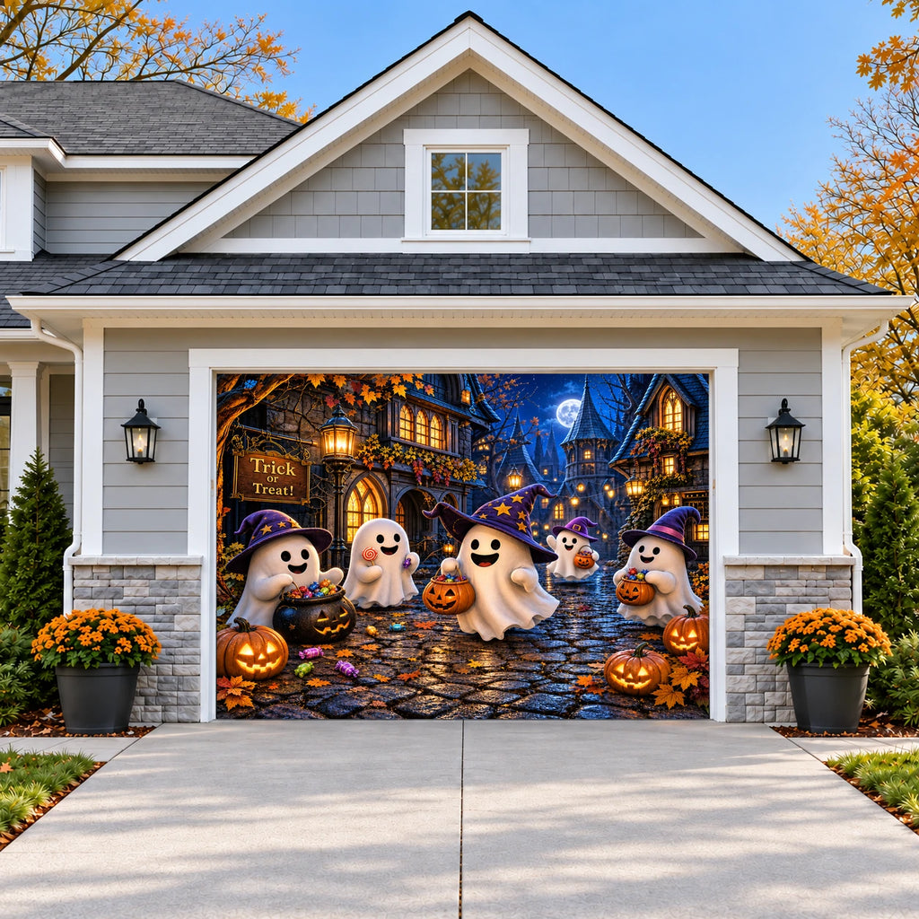 Ghostly-Trick-Or-Treat | Halloween Garage Door Cover on a single garage door