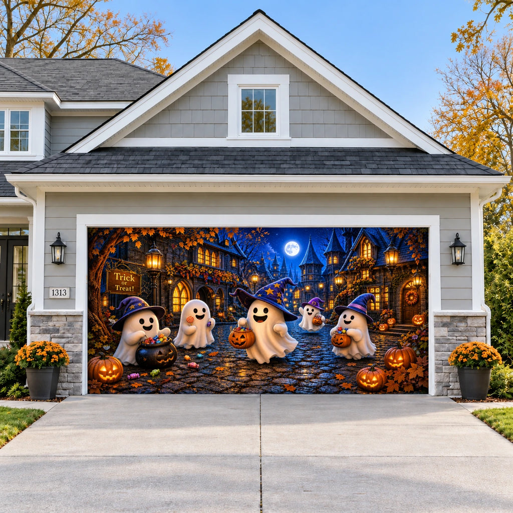Ghostly Trick or Treat Halloween garage door cover - double wide