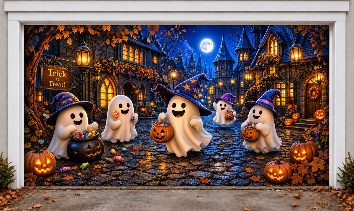 Ghostly-Trick-Or-Treat | Halloween Garage Door Cover installed on a garage door