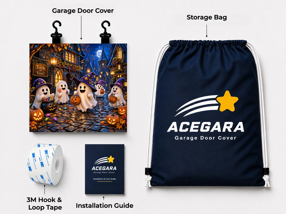 What's included with the ghostly-trick-or-treat Halloween garage door cover