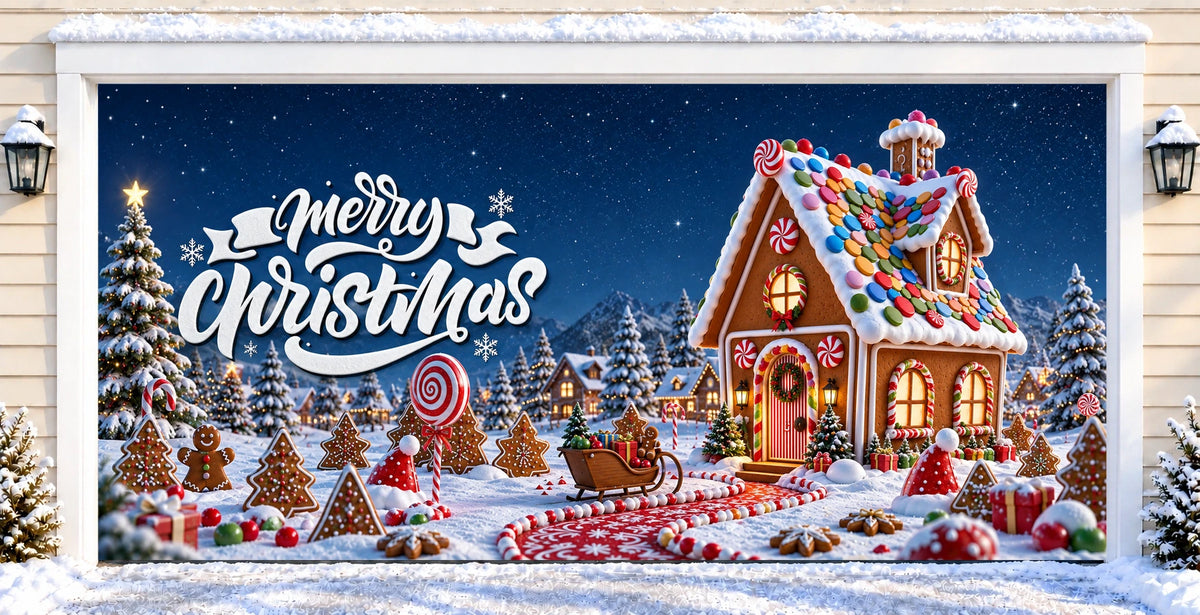 Gingerbread Christmas House | Christmas garage door cover — after installation