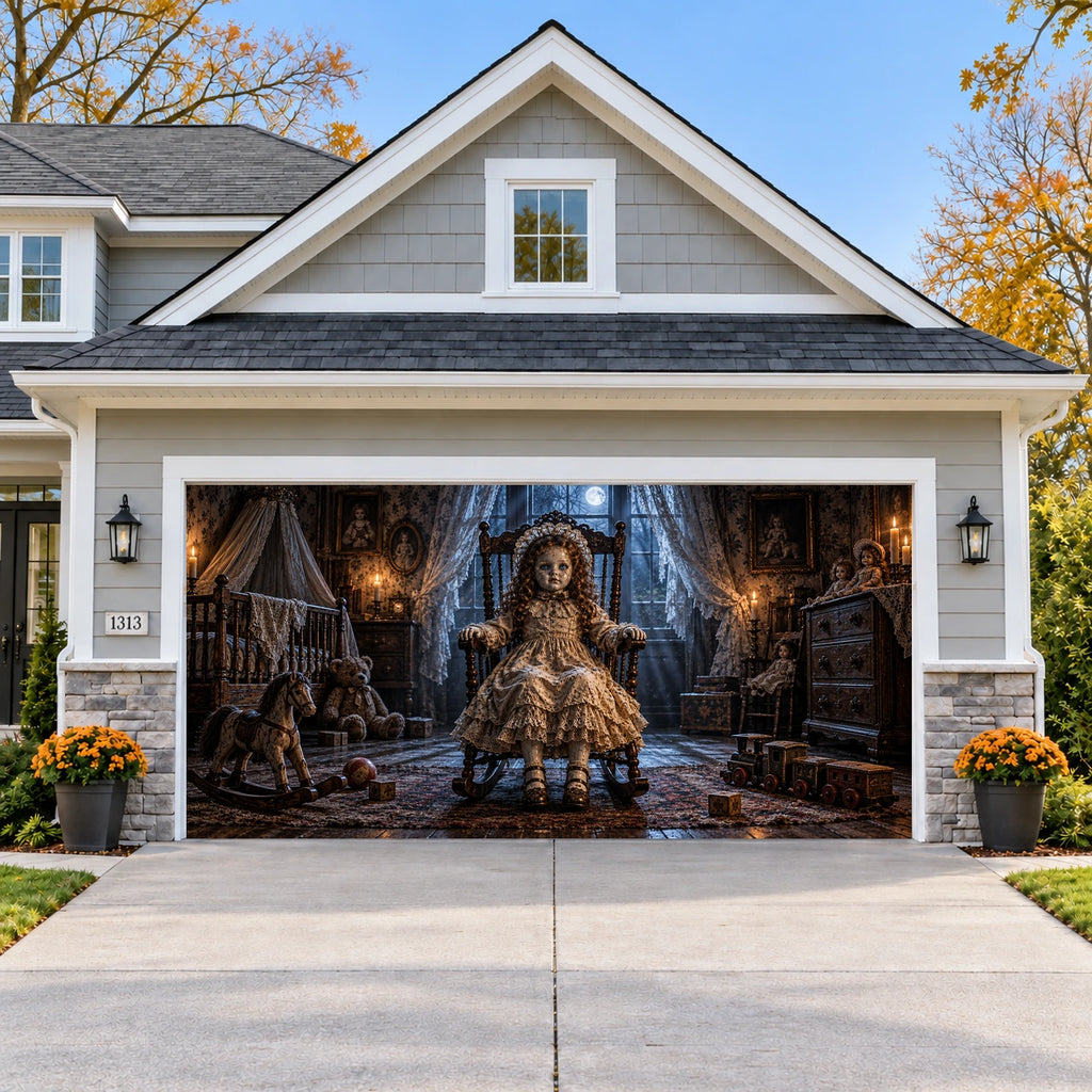 Haunted Doll Halloween garage door cover - double wide