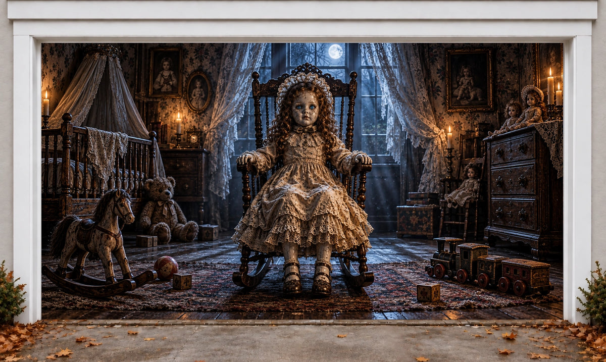 Haunted-Doll | Halloween Garage Door Cover installed on a garage door
