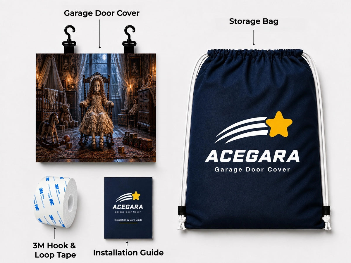 What's included with the haunted-doll Halloween garage door cover