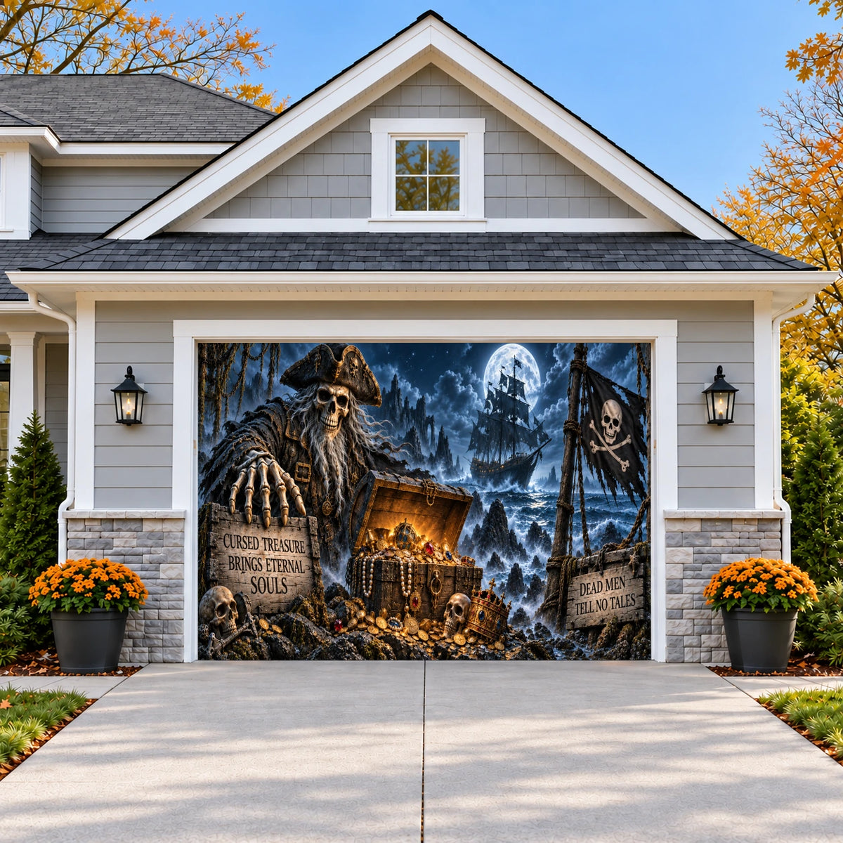 Haunted Pirate Treasure | Halloween Garage Door Cover on a single garage door