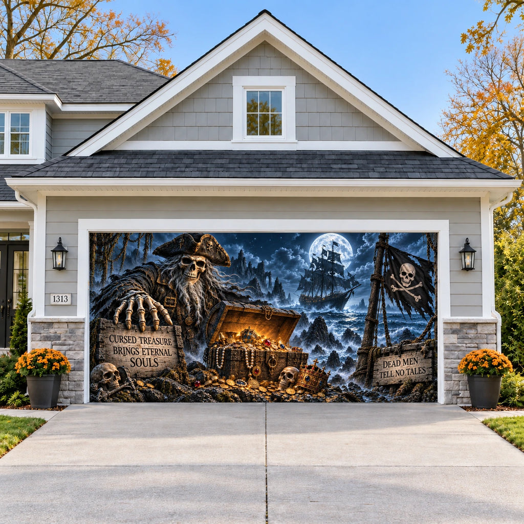 Haunted Pirate Treasure Halloween garage door cover - double wide