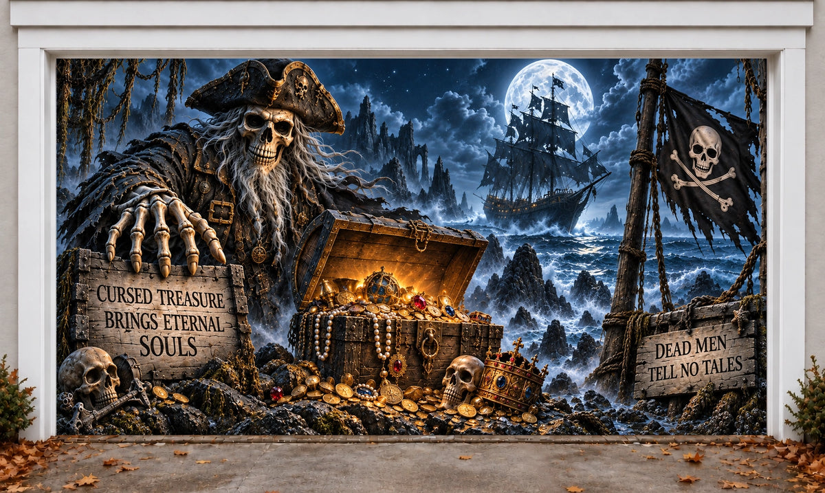 Haunted Pirate Treasure | Halloween Garage Door Cover installed on a garage door