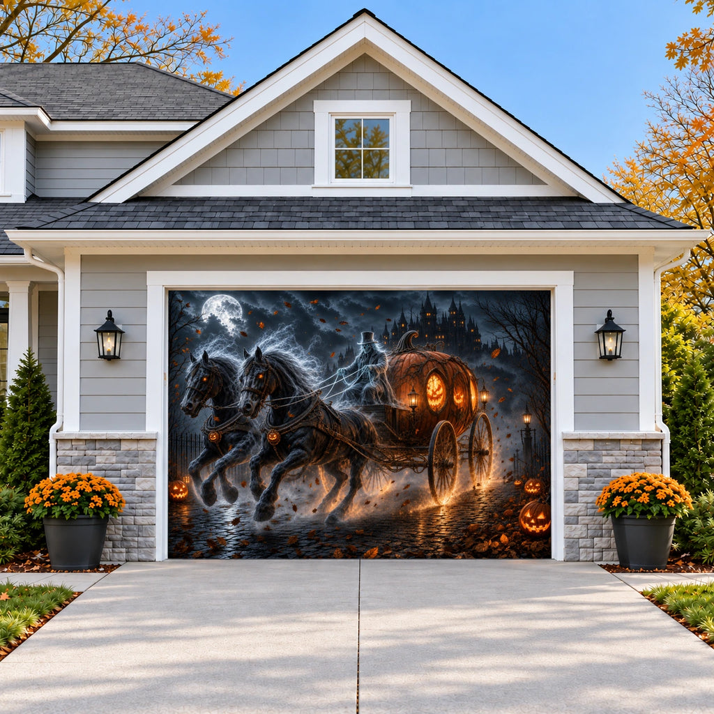 Haunted-Pumpkin-Carriage | Halloween Garage Door Cover on a single garage door