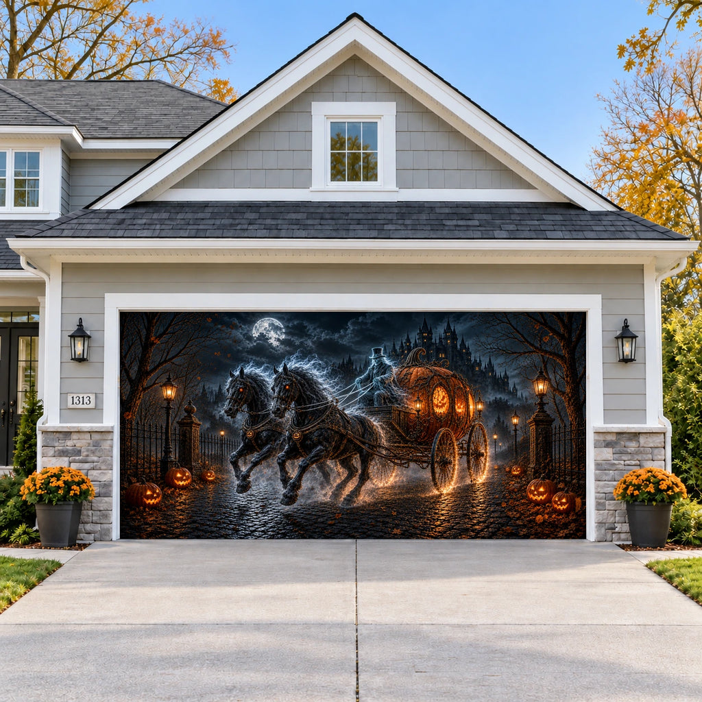 Haunted Pumpkin Carriage Halloween garage door cover - double wide
