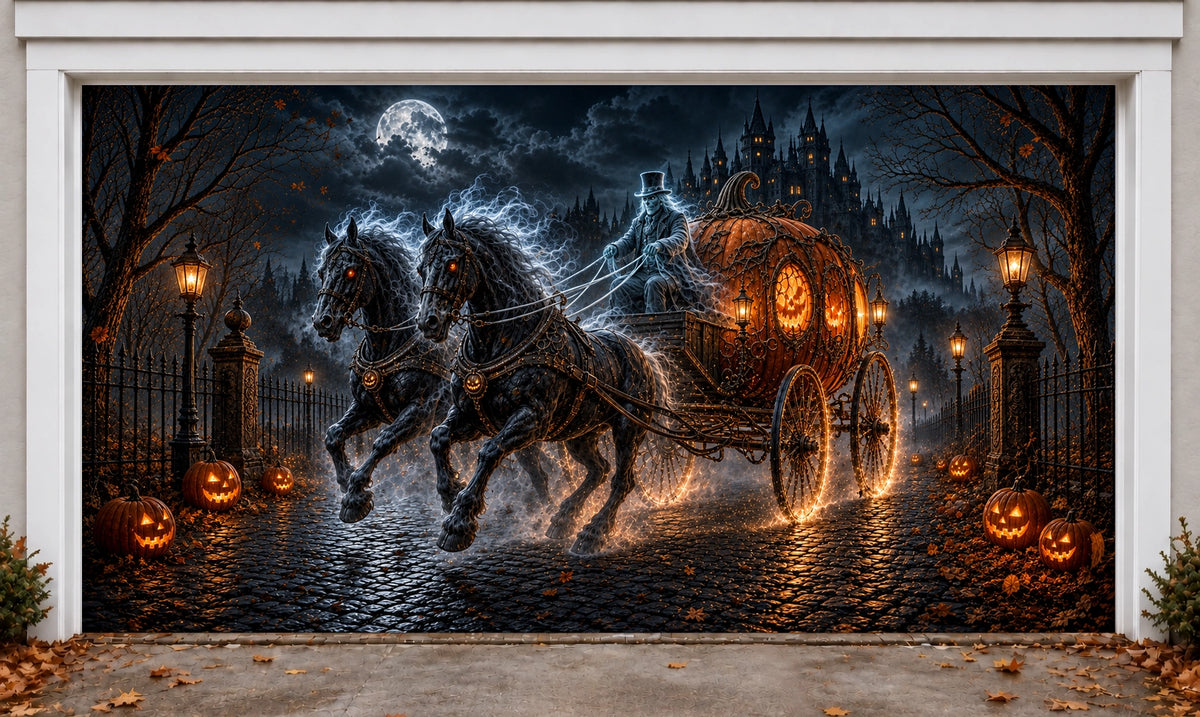 Haunted-Pumpkin-Carriage | Halloween Garage Door Cover installed on a garage door