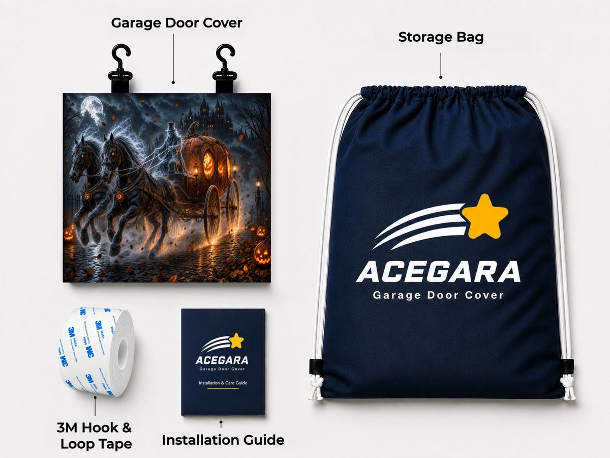 What's included with the haunted-pumpkin-carriage Halloween garage door cover