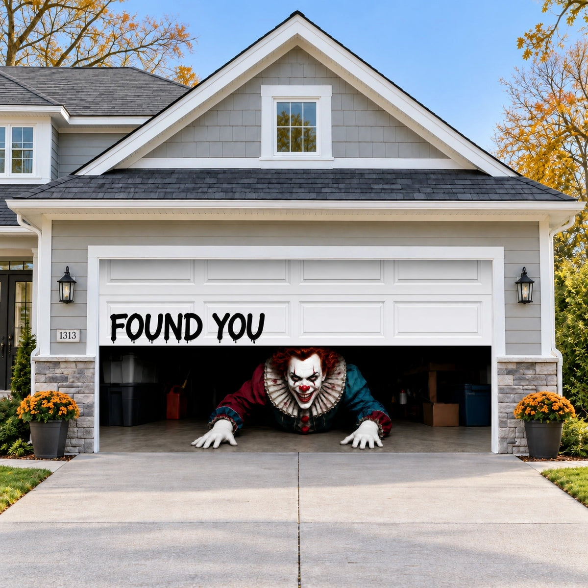 Lurking Clown Halloween garage door cover - double wide