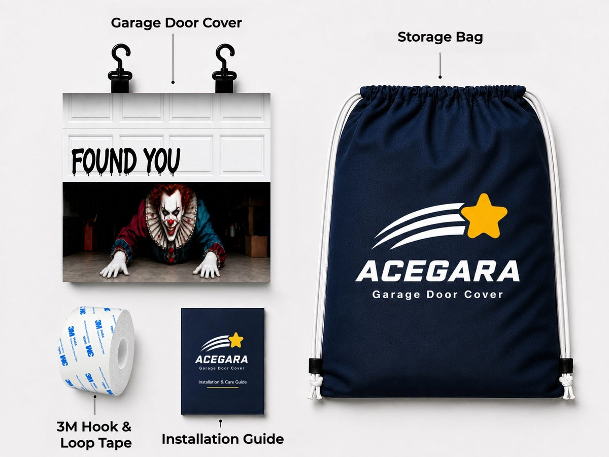 What's included with the lurking-clown Halloween garage door cover