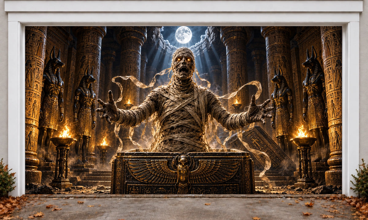 Mummy-Awakens | Halloween Garage Door Cover installed on a garage door