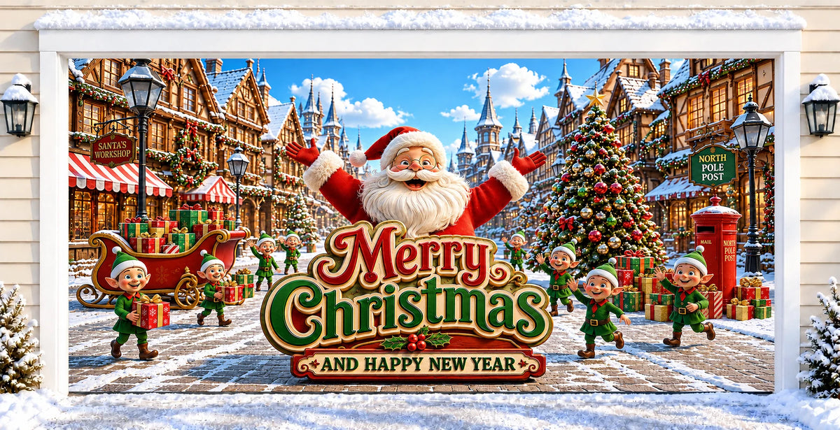 Santa’s Christmas Village | Christmas garage door cover — after installation