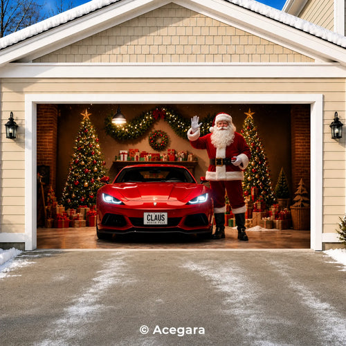 Santa's Garage Christmas cover on a double garage door, showing Santa and a red sports car among Christmas trees.