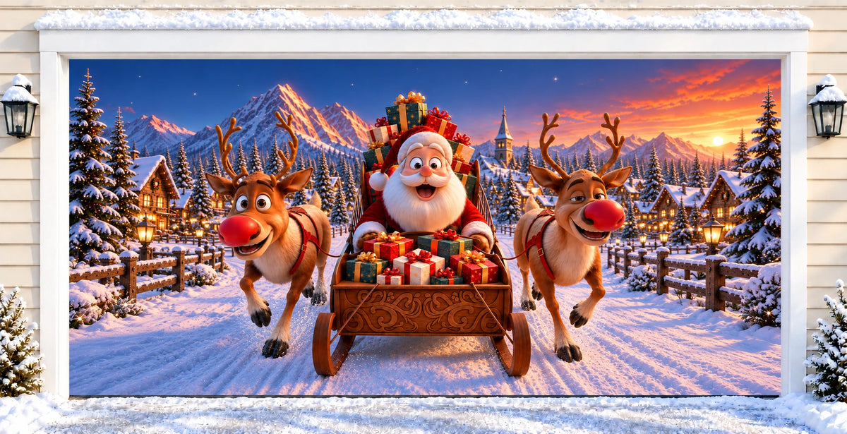 Santa’s Reindeer Ride | Christmas garage door cover — after installation