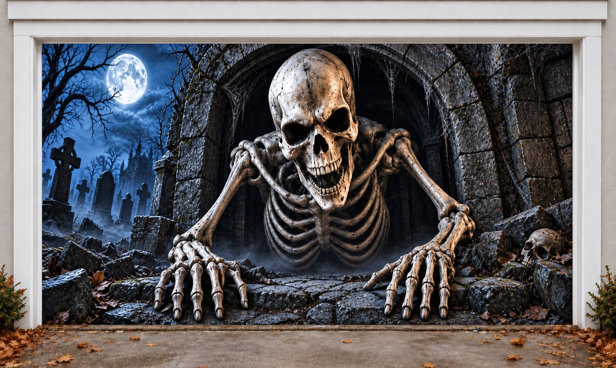 Skeleton Awakening | Halloween Garage Door Cover installed on a garage door