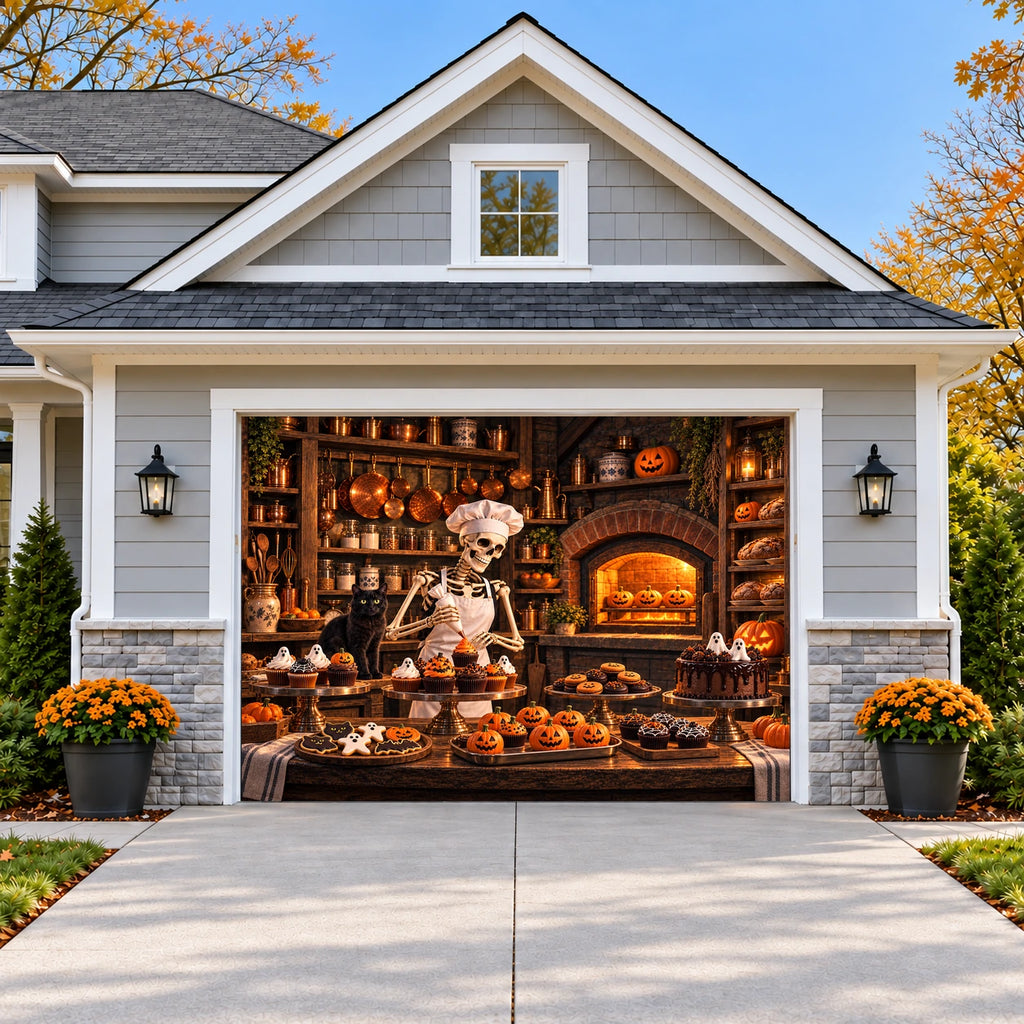 Skeleton Bakery | Halloween Garage Door Cover on a single garage door