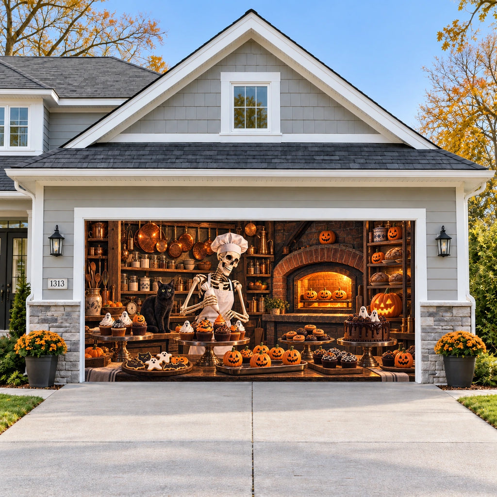 Skeleton Bakery Halloween garage door cover - double wide
