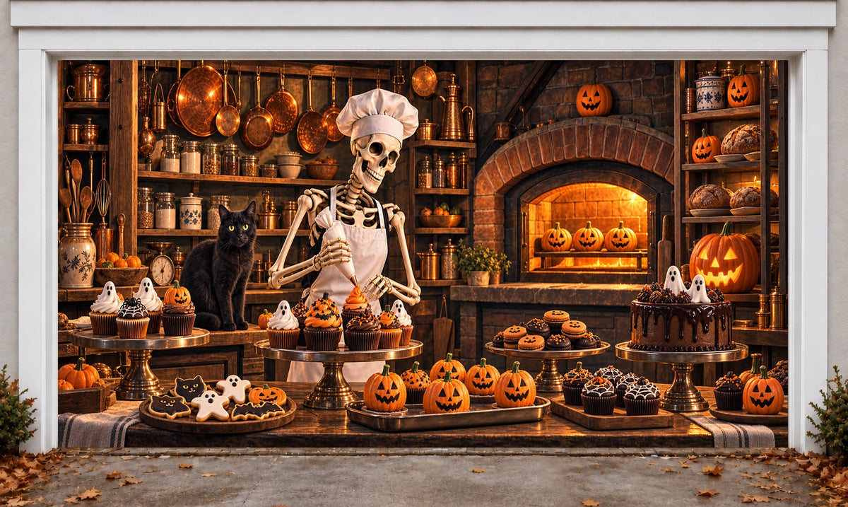 Skeleton Bakery | Halloween Garage Door Cover installed on a garage door
