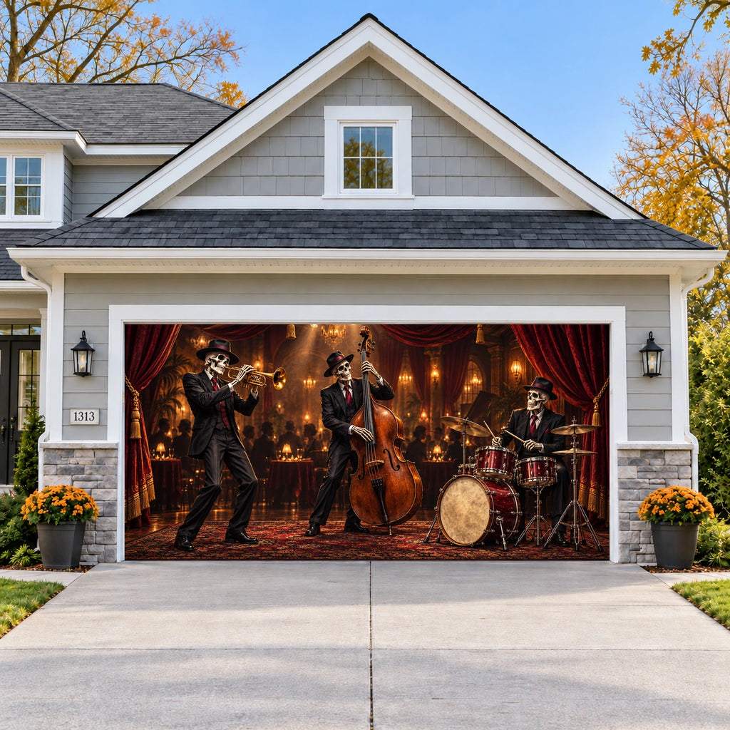 Skeleton Band Halloween garage door cover - double wide