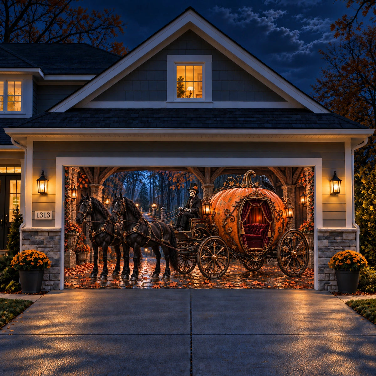 Skeleton’s Pumpkin Carriage Halloween garage door cover at night