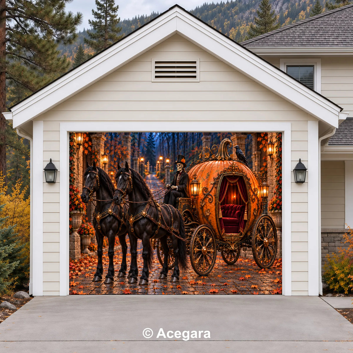 Skeleton’s Pumpkin Carriage | Halloween Garage Door Cover