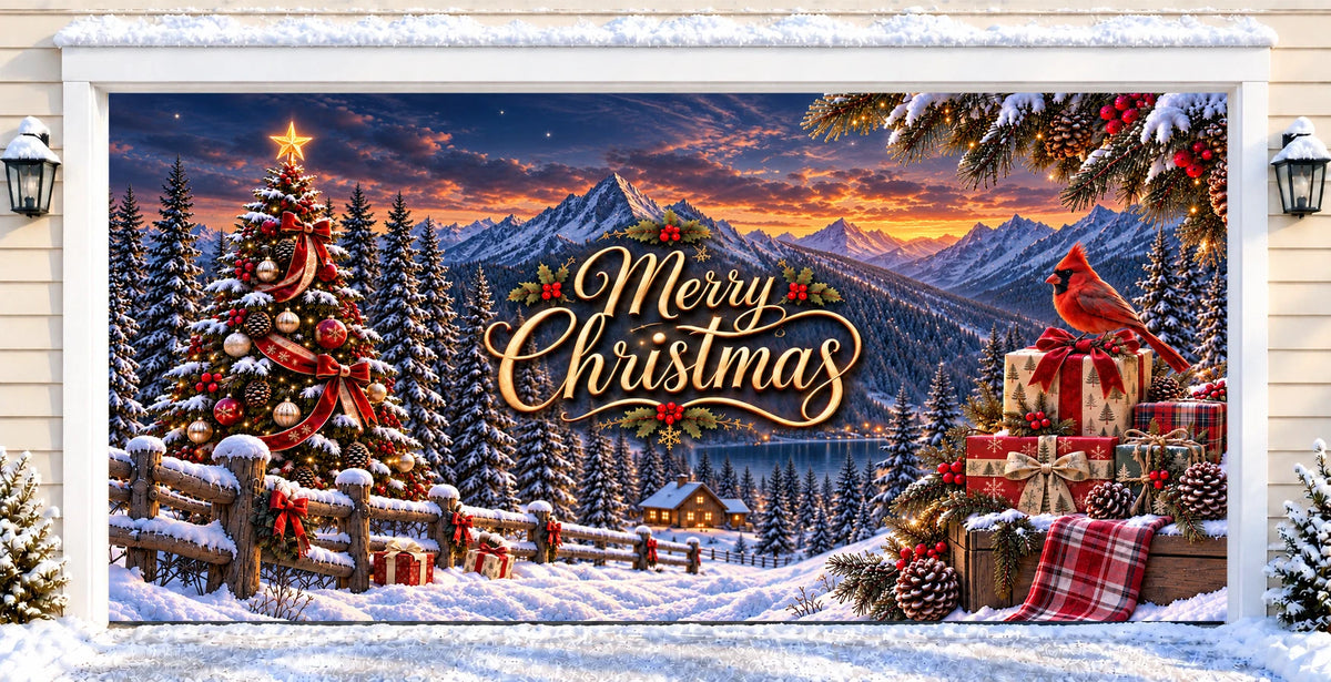 Snowy Mountain Christmas | Christmas garage door cover — after installation