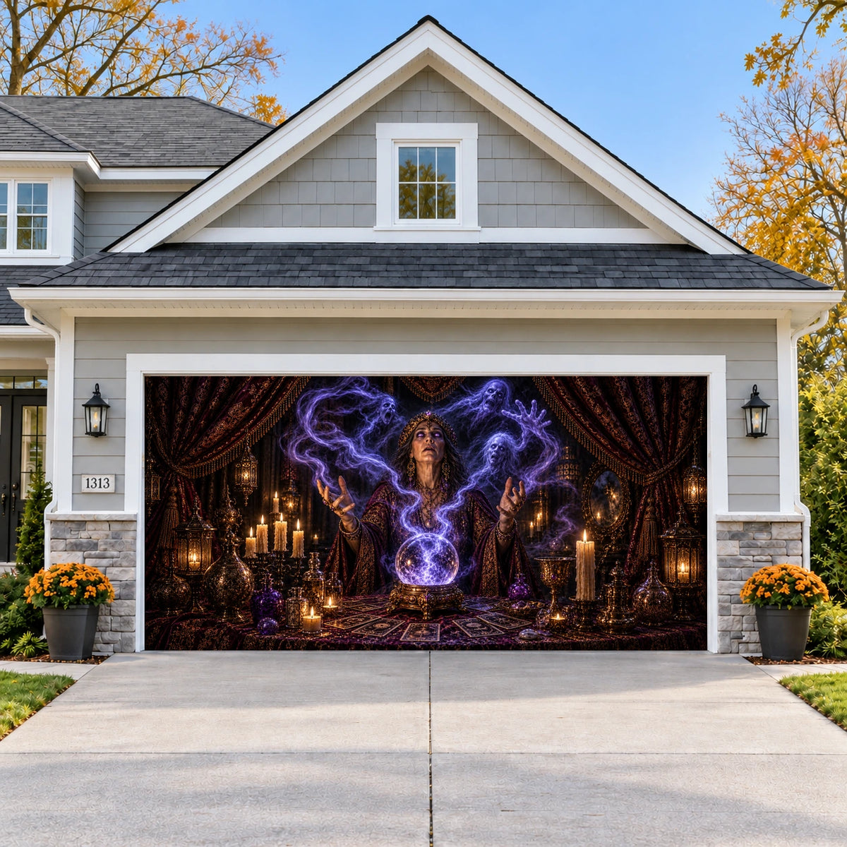 Summoning of Spirits Halloween garage door cover - double wide