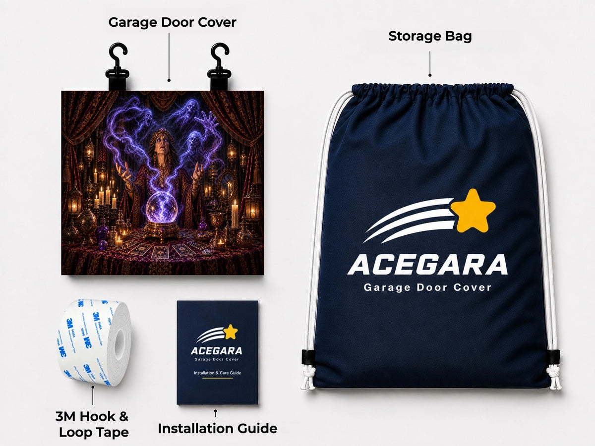 What's included with the summoning-of-spirits Halloween garage door cover