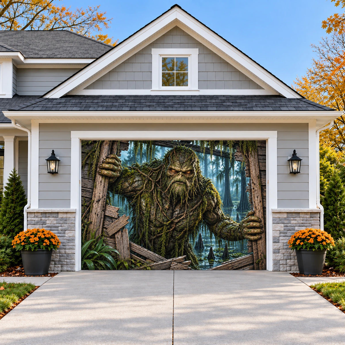 Swamp Monster | Halloween Garage Door Cover on a single garage door
