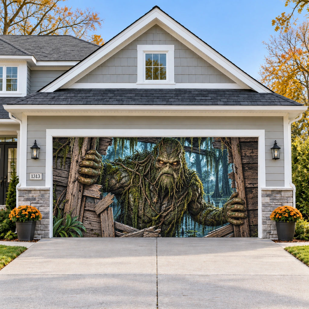 Swamp Monster Halloween garage door cover - double wide