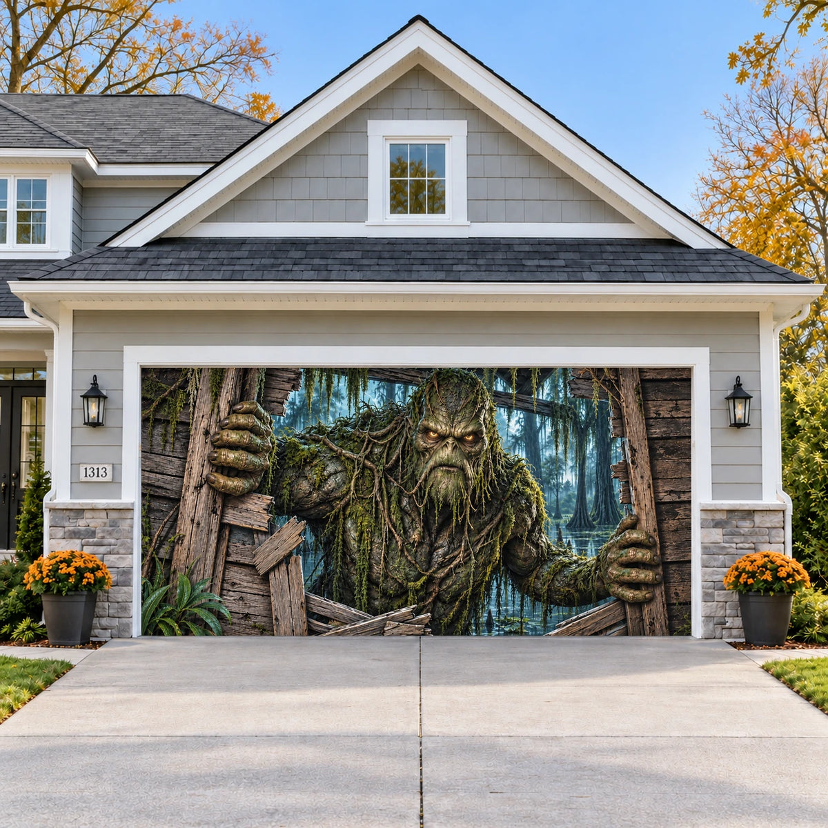 Swamp Monster Halloween garage door cover - double wide