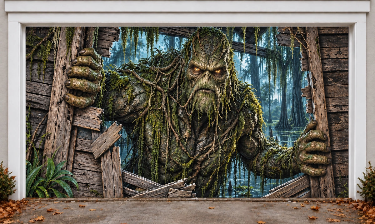 Swamp Monster | Halloween Garage Door Cover installed on a garage door