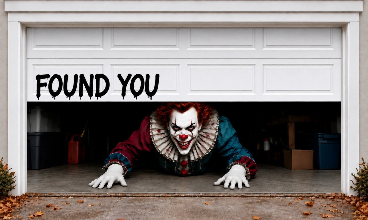 Lurking-Clown | Halloween Garage Door Cover installed on a garage door