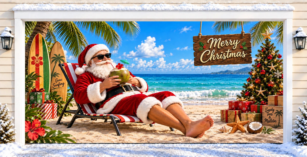 Tropical Santa Christmas | Christmas garage door cover — after installation